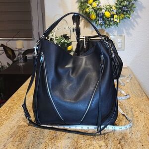 REBECCA MINKOFF Hot Moto Hobo Zipper Shoulder Bag in Black Pebble Leather 2 Way